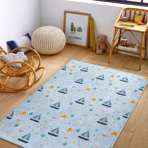 Marineblau Kinderzimmer Matte|Schiff Muster Waschbarer Teppich|Handgemachter Teppich mit Meeresmotiven|Anti-Rutsch Nautischer Teppich|