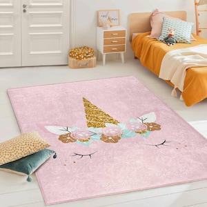Happy Unicorn Nursery Rug|Bestselling Girls Rugs|Anti-Slip Pink Rugs|Washable Kid's Carpet|Girls Playroom Rug|Baby Room Rug|Girls Room Decor