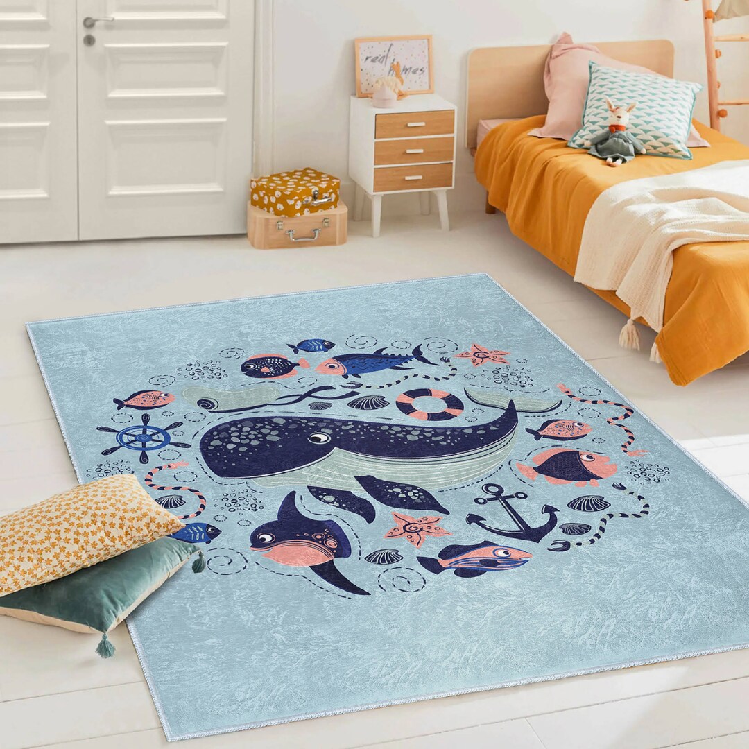 Cute Whale Themed Blue Kids Rug|cute Dolphin Washable Kids Play Mat ...