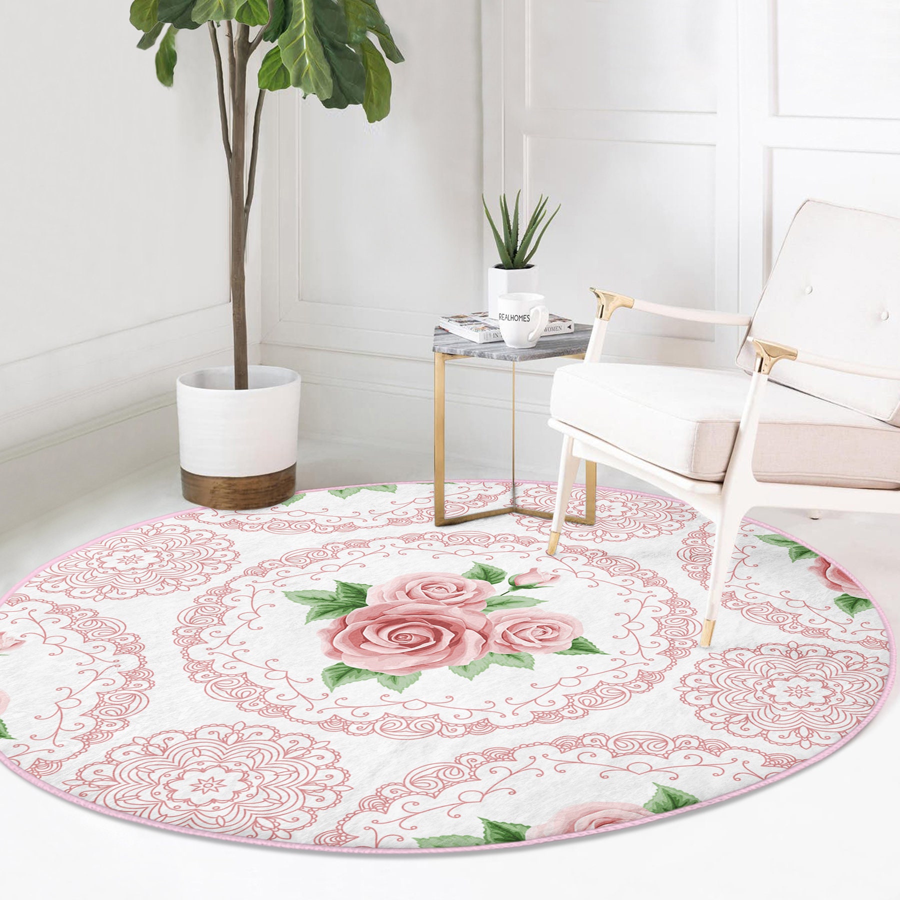 Round Rose Carpet|non-slip Pink Flowers Area Rug|washable Kitchen