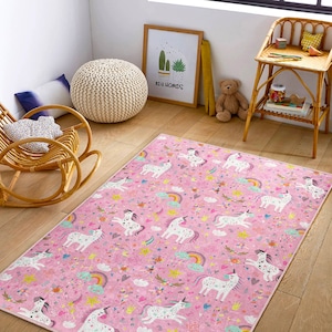 Einhorn Traum Teppiche|Bestseller Teppiche für Mädchen|Anti-Rutsch Rosa Teppiche|Waschbarer Teppich für Kinder|Spielzimmer Teppich für Mädchen|Mädchen Raumdekor