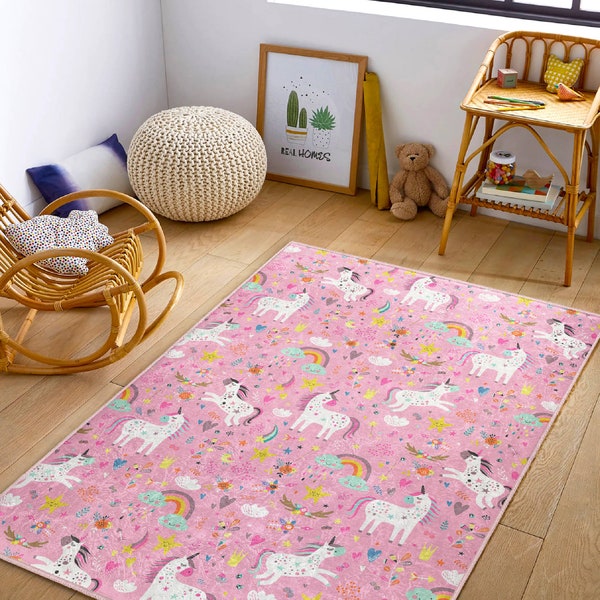 Unicorn Dream Nursery Rug|Bestselling Girls Rugs|Anti-Slip Pink Rugs|Washable Kid's Carpet|Girls Playroom Rug|Baby Room Rug|Girls Room Decor