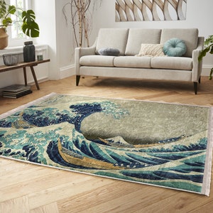 Kanagawa Oki Nami Ura Area Rug|Non-Slip Rugs|Japanese Woodblock Print Rugs|The Great Wave Off Kanagawa Carpet|Pop Art Rugs|Modern Home Decor
