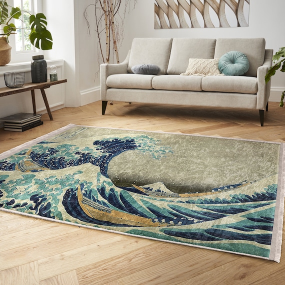 神奈川沖浪裏エリアラグ|滑り止めラグ|日本の木版画ラグ|神奈川沖浪裏