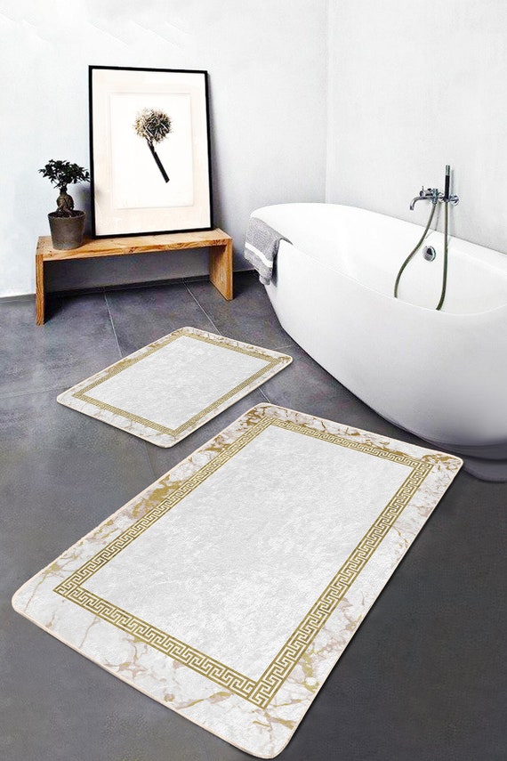 Brown Bath Set 3 Piece Anti-Slip Patchwork Bathroom Mat, Large