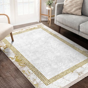 White Carpet With Gold Framed|Marble Area Rug|Non-Slip Luxury Living Room Rugs|Fringed Floor Carpet|Washable Kitchen Rugs|Dining Room Rugs