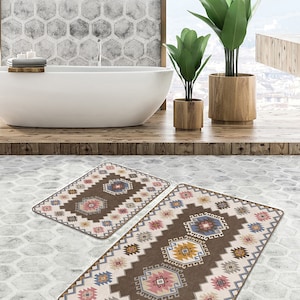 Absorbent Bath Mat|Aztec Pattern Brown Kitchen Mat|Anti-Slip Bath Mat Set Of 2|Traditional Bathroom Decor|Quick Drying Handmade Bath Mat