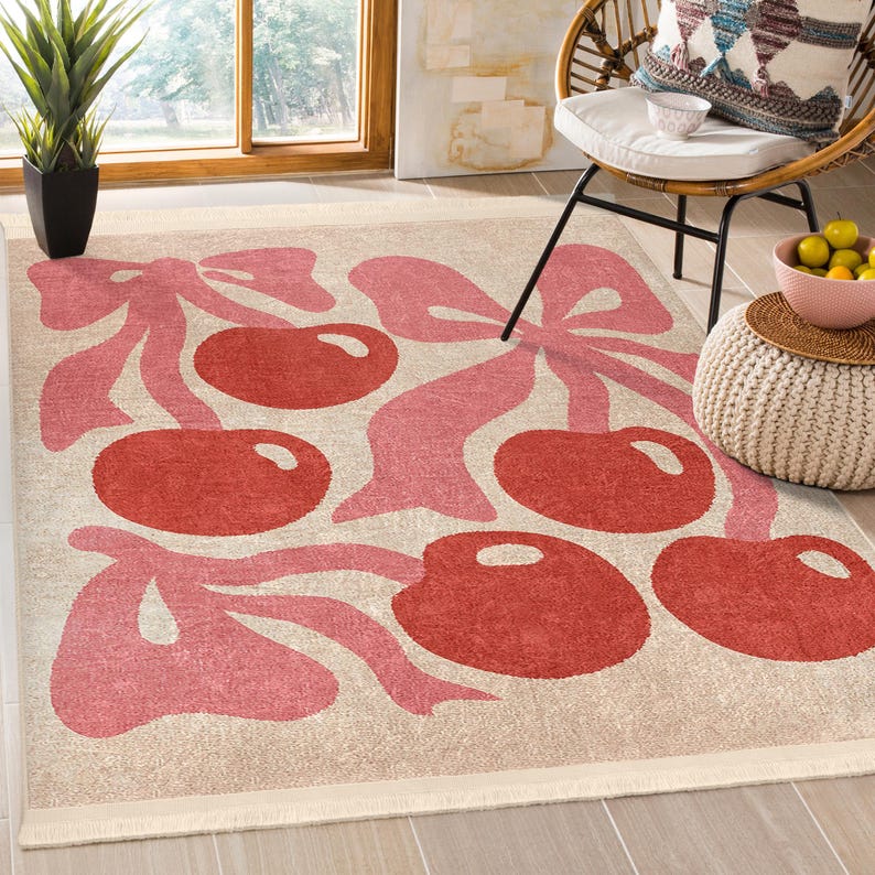 Red Cherry Rug|cherry Art Carpet|non-slip Rugs|pink Kitchen Rug ...