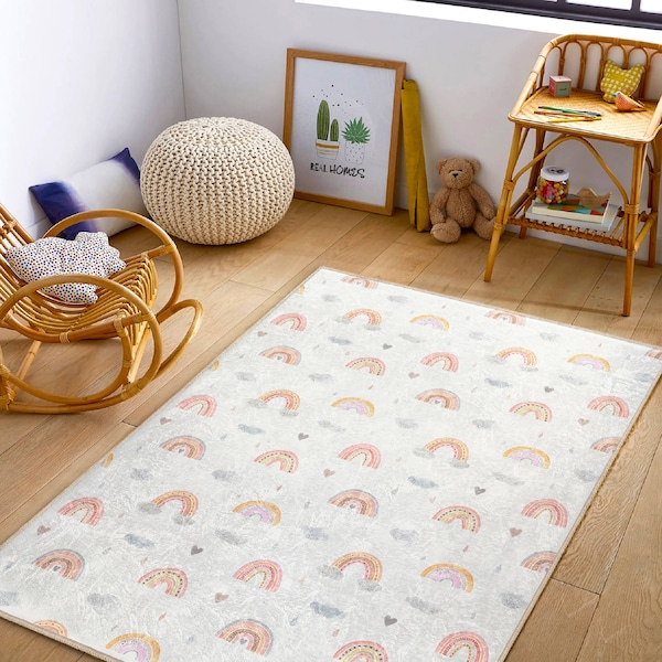 Anti-Slip Rainbow Baby Room Rug|Custom Design Rugs|Rectangle Boho Baby Rug|Baby Room Decor|White Nursery Mat|Best Kids Rug|Handmade Rug