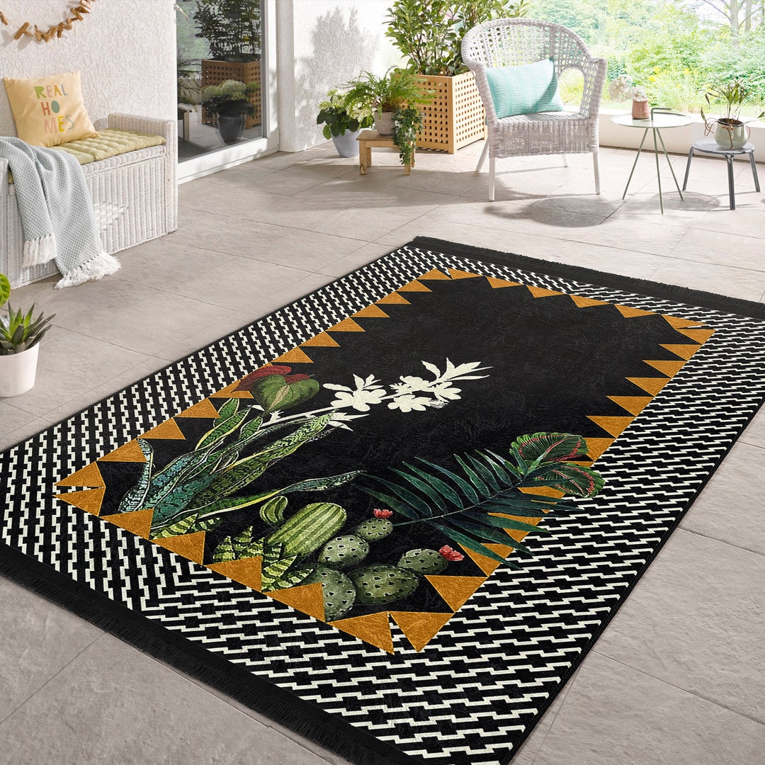 Floral Black Area Rug|green Living Room Rug|rectangle Cactus Pattern ...