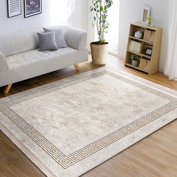 Anti-Slip Beige Framed Area Rug|Fringed Floor Carpet|Washable Living Room Rug|Luxury Carpet|Bordered Carpet|Rectangle Rug|Housewarming Gift