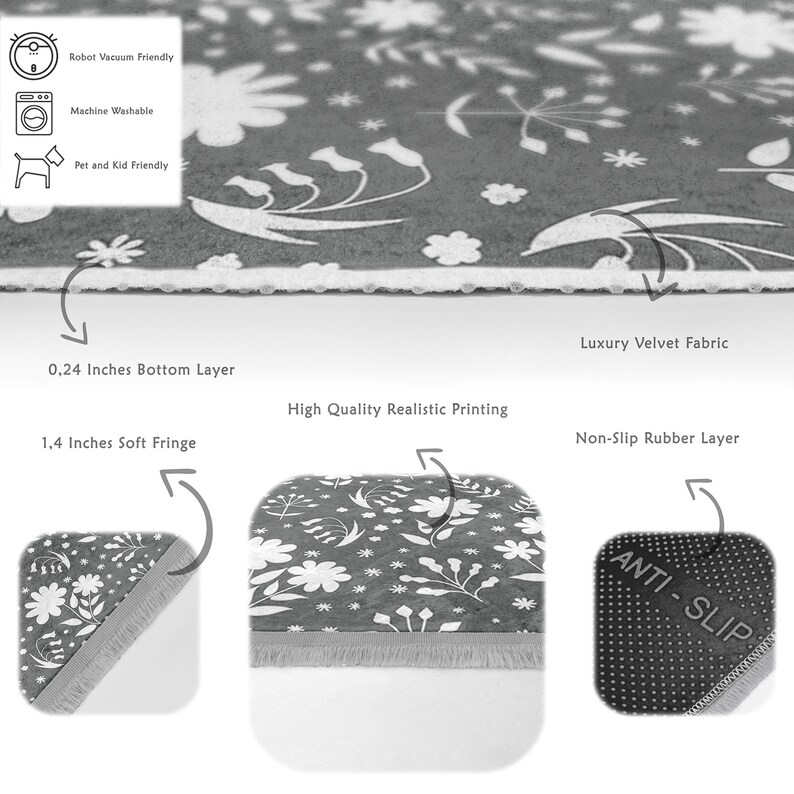 Floral Gray Area Rugantislip Living Room Rugsfringed Doorway Rugcustom
