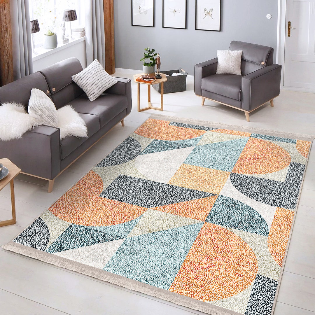 Orange and Blue Living Room Rug|geometric Pattern Soft Area Rug|anti ...