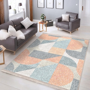 Alfombra de sala de estar naranja y azul/Alfombra de área suave con patrón geométrico/Alfombra de área moderna antideslizante/Alfombra de comedor lavable/Alfombra de salón superventas