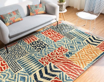 Vloerkleed met marineblauw patroon|Geometrisch oranje woonkamertapijt|Zacht vloerkleed|Antislip modern vloerkleed|Wasbaar eetkamertapijt|Gestreepte vloerkleden