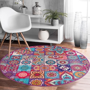 Best Round Yoga Mat|Mandala Pattern Meditation Mat|Floral Living Room Rugs|Anti-Slip Purple Exercise Rug|Washable Workout Mat|Colorful Rug
