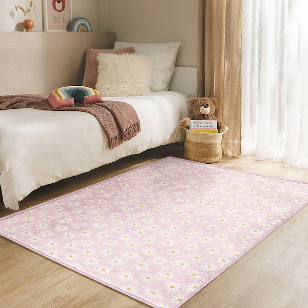 Daisy Pattern Rectangle Rug|Floral Area Rug|Pink Kids Rug|Flowers Pattern Living Room Rug|Handmade Rugs|Anti-Slip Nursery Mat|Soft Carpets