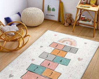 Kinderspielzimmer Teppiche|Kinder Zahlen Lernen|Hopscotch Spielmatte|Einzigartige Kinderteppiche|Handgemachte Kinderzimmer Teppiche|Sonderanfertigung|Bunte Teppiche