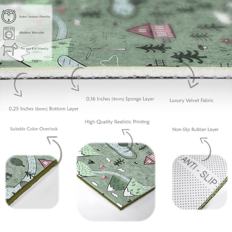 May include: A green and pink children's rug with a cartoon design of houses, trees, and mountains. The rug has a soft velvet top layer, a 0.16 inch sponge layer, and a 0.25 inch bottom layer. The rug is machine washable, robot vacuum friendly, and pet and kid friendly.