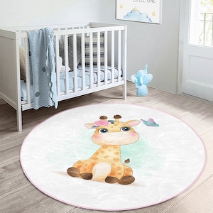 Giraffe Print Anti-Slip Kid&#39;s Carpet|Round Baby Room Rug|Animal Figured Children&#39;s Rug|Machine Washable Nursery Mat|Bestselling Kid&#39;s Rugs