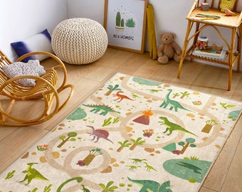 Dinosaurs Themed Washable Kid's Room Rug|Forest Road Nursery Play Mat|Beige And Green Kids Carpets|Handmade Kids Rug|Best Jurassic Kids Rugs