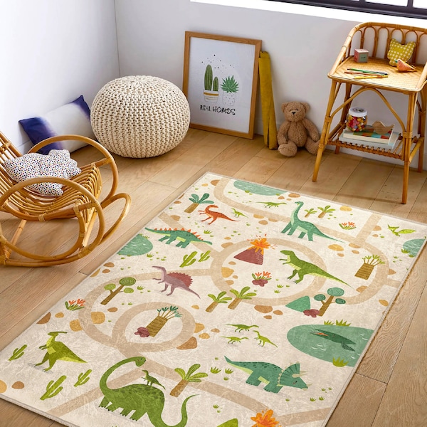 Alfombra de habitación para niños lavable con temática de dinosaurios/alfombra de juego para guardería de Forest Road/alfombras para niños de color beige y verde/alfombra para niños hecha a mano/las mejores alfombras para niños jurásicos