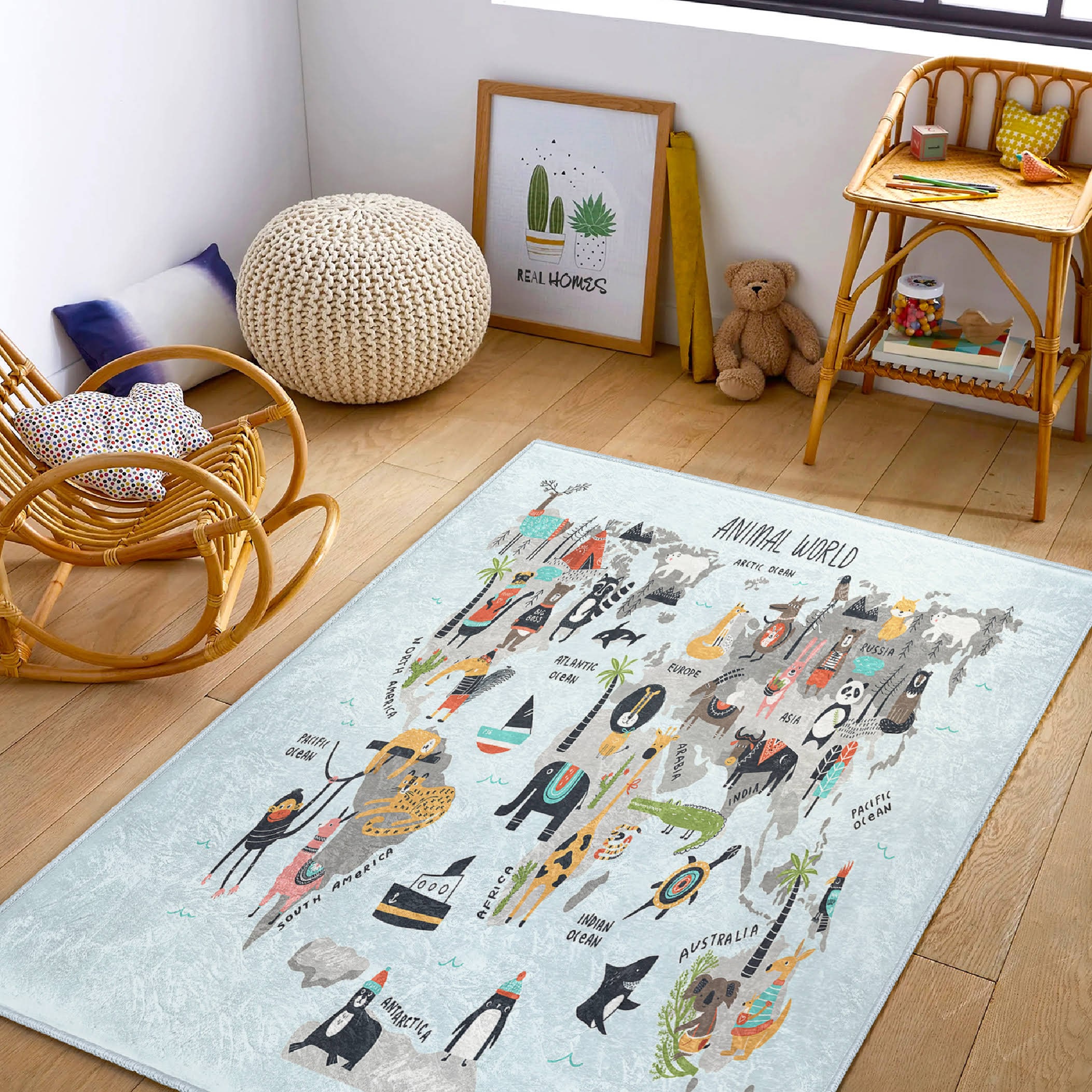 World Map Fun Childrens Rug|learning Countries Nursery Mat|animals ...