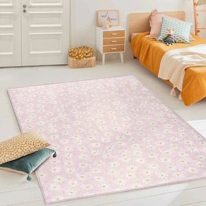 Gänseblümchen-Muster Rechteckige Teppich|Floraler Teppich|Rosa Kinderteppich|Blumenmuster Wohnzimmerteppich|Handgefertigte Teppiche|Anti-Rutsch-Kinderteppich|Kinderteppiche