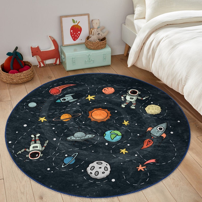 Rocket Circular Rug Space Themed Cute Kid's Rug|adventurous Astronaut Childen's Mat|navy ...