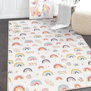 Bunte Regenbogen Baby Teppich|Waschbar Rechteck Boho Baby Teppich|Baby Room Decor|Weiße Matte|Handgemachter Teppich|Lustige Teppiche