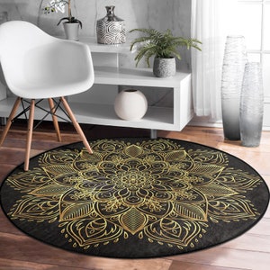 Round Yoga Mat|Mandala Pattern Black & Gold Meditation Mat|Anti-Slip Meditation Mat|Bestselling Pilates Mat|Kitchen Mats|Floral Round Rugs