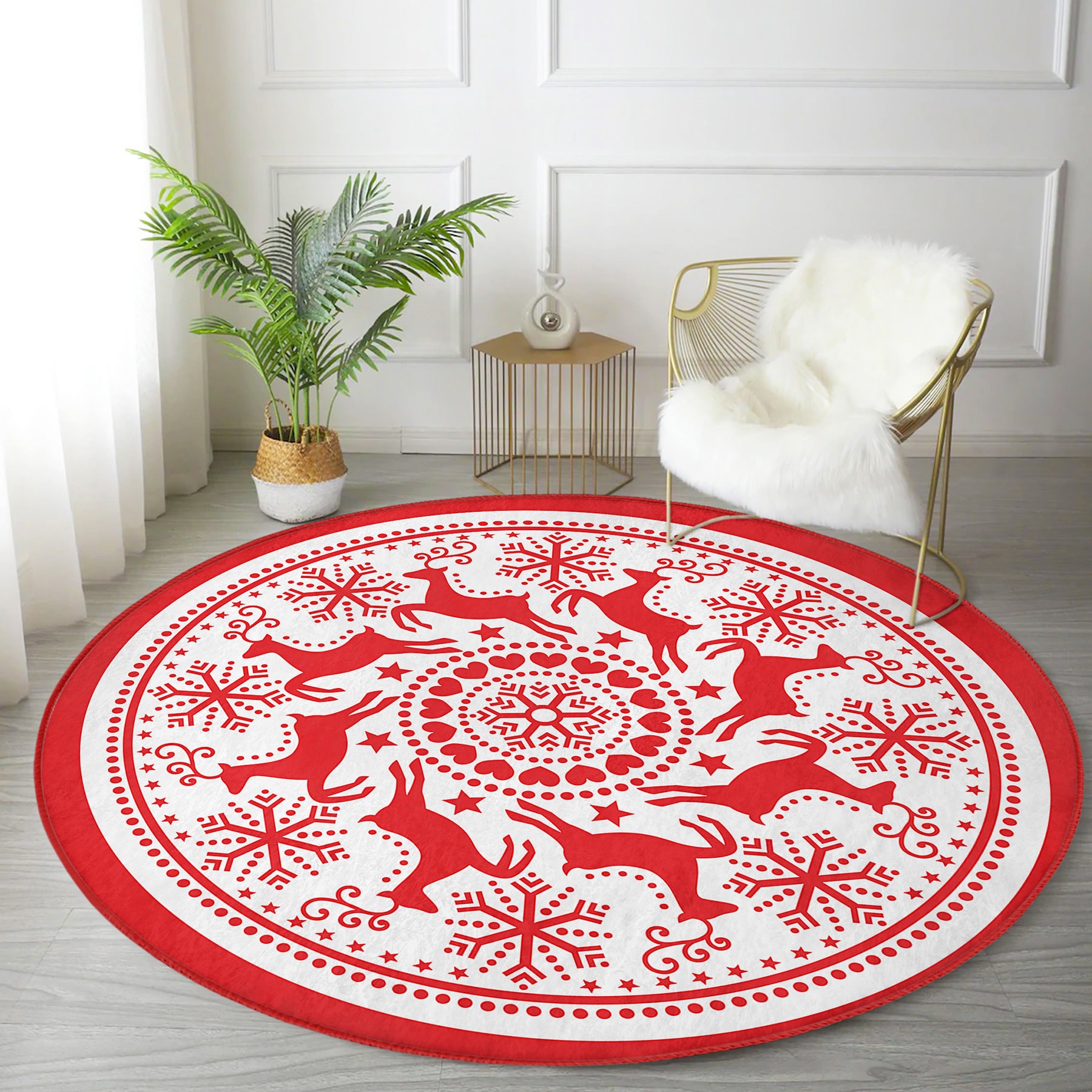 Red and White Round Christmas Rug|deer Motif Christmas Rug