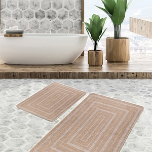 Wicker Pattern Bathroom Mat Set|Non Slip Beige Bath Mat Set Of 2|Bathroom Decor|Washable Bathroom Mat|Bestselling Mat Set|Housewarming Gift