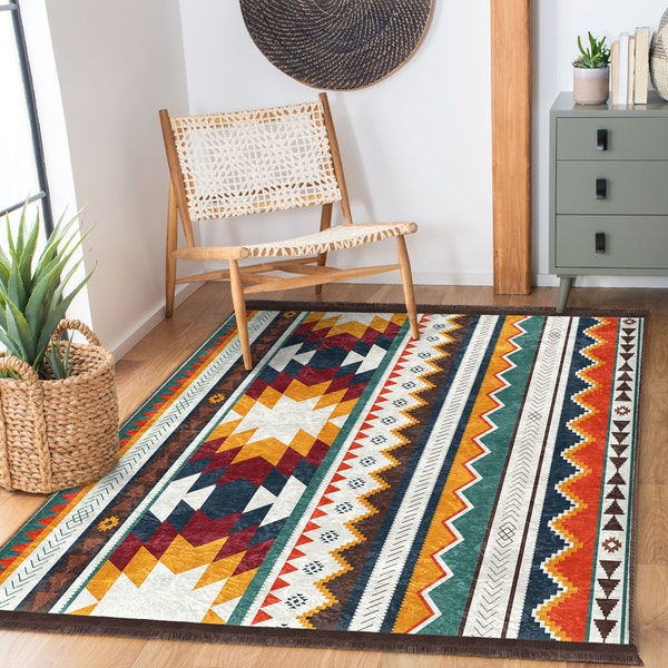Bogolan African Print Carpet|Aztec Patterned Living Room Rug|Rectangle Area Rugs|Machine Washable Saloon Rug|Non-Slip Southwestern Carpet
