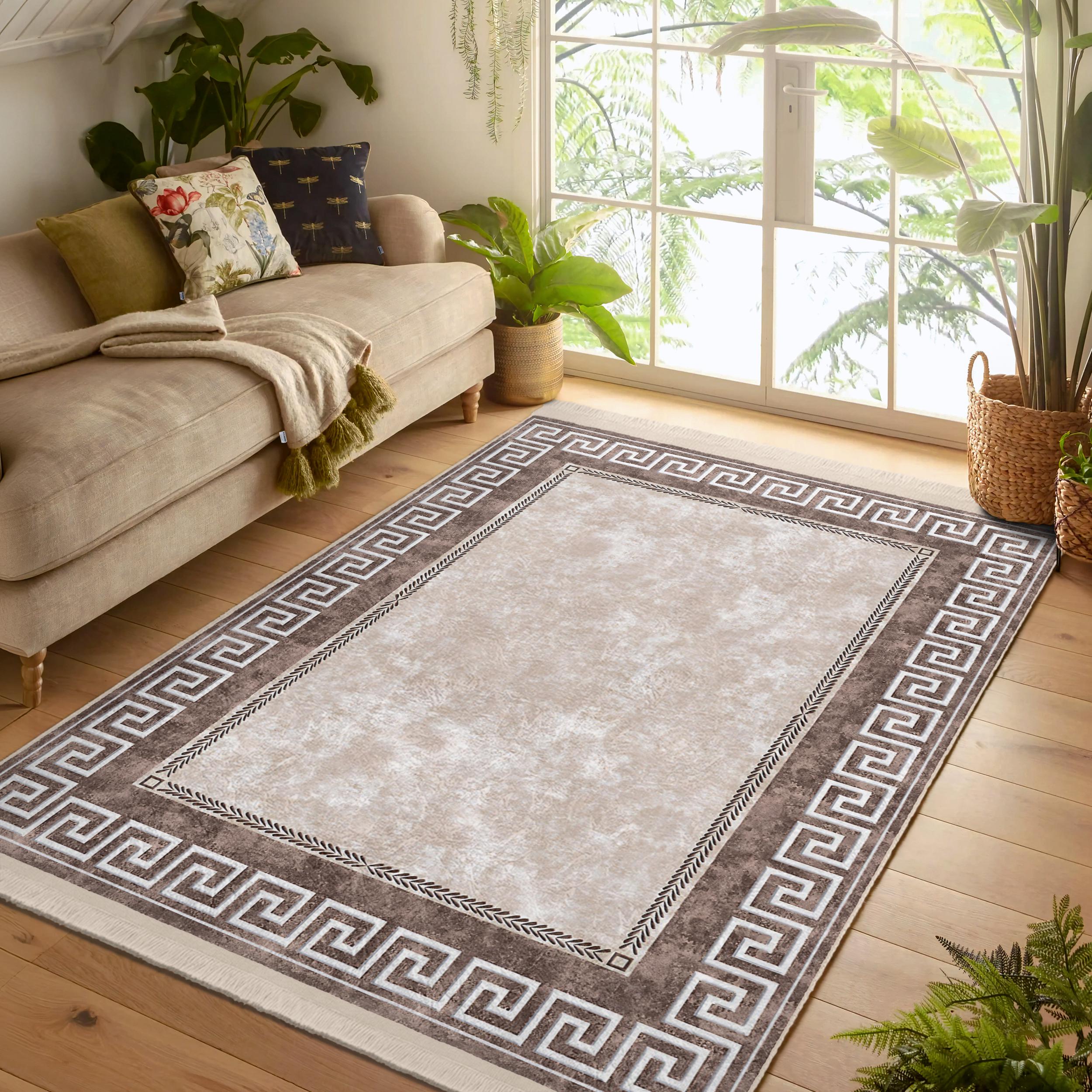 Brown and Beige Area Rug|framed Carpet|fringed Rugsgreek Key |washable ...