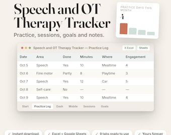 Könnte beinhalten: Eine digitale Speech and OT Therapy Tracker Tabellenvorlage mit einem Übungsprotokoll, das Spalten für Datum, Bereich, Status, Minuten, Ort und Engagement enthält, ergänzt durch ein Balkendiagramm für Übungstage und Navigationstabs.