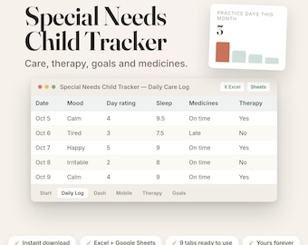 Könnte beinhalten: Eine digitale Special Needs Child Tracker Tabellenvorlage mit einem täglichen Protokoll für Datum, Stimmung, Bewertung, Schlaf, Medikamente und Therapie. Enthält ein Balkendiagramm für Übungstage sowie Navigationsreiter für Excel und Google Sheets.