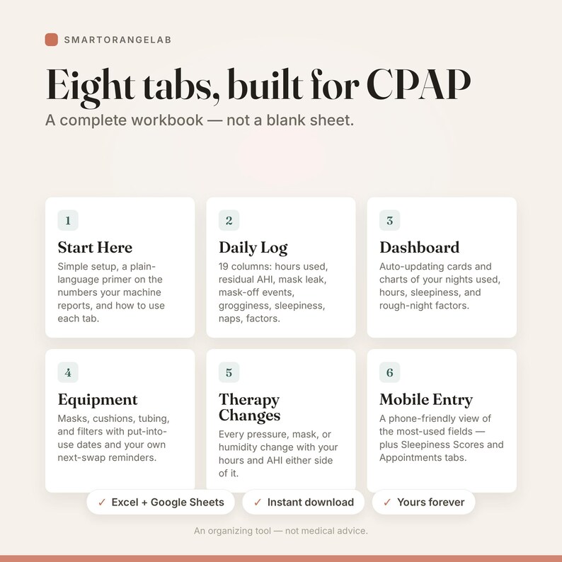 Sleep Apnea CPAP Tracker | Daily Energy Log (Excel/Sheets Download) image 3