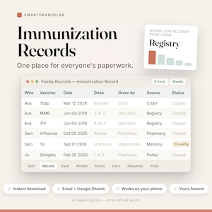 May include: A digital immunization record tracker featuring a table with columns for name, vaccine, date, dose, provider, source, and status. The interface includes navigation tabs, a registry chart, and text labels for instant download and mobile access.