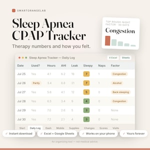 May include: A digital Sleep Apnea CPAP Tracker spreadsheet template featuring a daily log table with columns for date, usage, hours, AHI, leak, sleepiness, naps, and factors. Includes a top rough-night factor chart and buttons for Excel and Google Sheets.