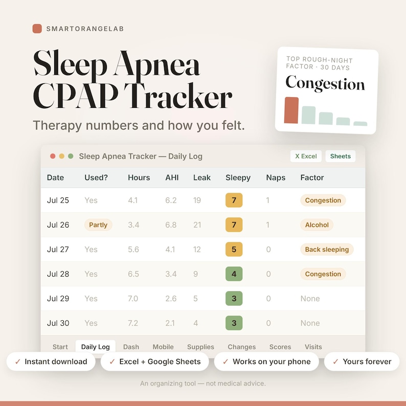 Sleep Apnea CPAP Tracker | Daily Energy Log (Excel/Sheets Download) image 1