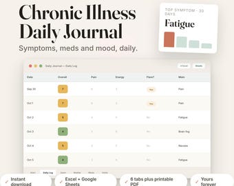 Könnte beinhalten: Eine digitale Chronic Illness Daily Journal Tabellenvorlage von Smartorangelab. Die Benutzeroberfläche zeigt eine tägliche Protokolltabelle zur Erfassung von Symptomen, Medikamenten und Stimmung, inklusive eines Ermüdungsdiagramms sowie Excel- und Google Sheets-Tabs.
