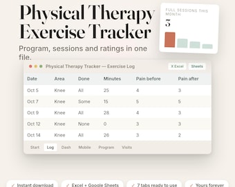 Könnte beinhalten: Eine digitale Physical Therapy Exercise Tracker Tabellenvorlage von Smartorangelab. Die Benutzeroberfläche zeigt ein Protokoll mit Spalten für Datum, Bereich, Status, Minuten und Schmerzlevel vor und nach den Sitzungen sowie ein Balkendiagramm.