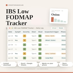 IBS Low FODMAP Tracker | Symptomendagboek, Triggerlogboek (Excel, Sheets)