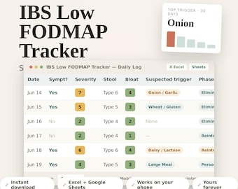 IBS Low FODMAP Tracker | Symptomtagebuch, Auslöserprotokoll (Excel, Tabellen)