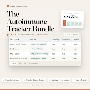 Peut inclure: Le pack de suivi auto-immun numérique présente un tableau comparatif pour les trackers Lupus, RA, MS et Hashimoto. Il inclut un graphique Bundle vs Single Save 33%, une compatibilité Excel et Sheets, ainsi que des fonctions de journal quotidien et tableau de bord.