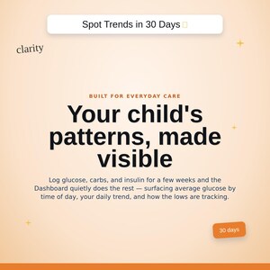 May include: A light peach-colored digital interface graphic with the text: Spot Trends in 30 Days, clarity, BUILT FOR EVERYDAY CARE, Your child's patterns, made visible, Log glucose, carbs, and insulin for a few weeks and the Dashboard quietly does the rest.