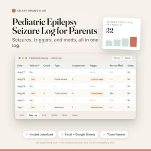 Może przedstawiać: Cyfrowy szablon dziennika napadów padaczkowych u dzieci z tabelą do codziennego śledzenia dat, liczby napadów, typów, wyzwalaczy, leków ratunkowych i snu, zawierający wykres podsumowujący 22 dni bez napadów w miesiącu.