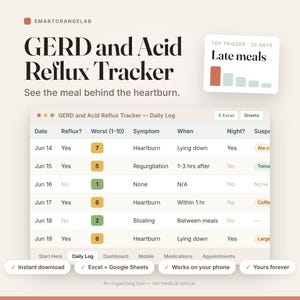 以下が含まれることがあります： GERD and Acid Reflux Trackerのデジタルスプレッドシートインターフェース。日付、逆流の有無、症状の重症度、症状、発生時間、トリガーの列がある日次ログテーブルと、主要なトリガーを示すグラフが表示されています。