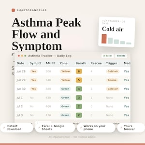 Puede incluir: Un registro digital de flujo máximo y síntomas de asma en formato de hoja de cálculo. La interfaz incluye columnas para fecha, síntomas, flujo máximo, zonas, respiración, rescate, desencadenantes y medicación. Un cuadro destaca aire frío.